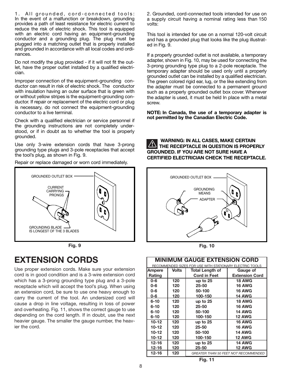 Extension cords, Minimum gauge extension cord | Delta 23-665 User Manual | Page 8 / 10