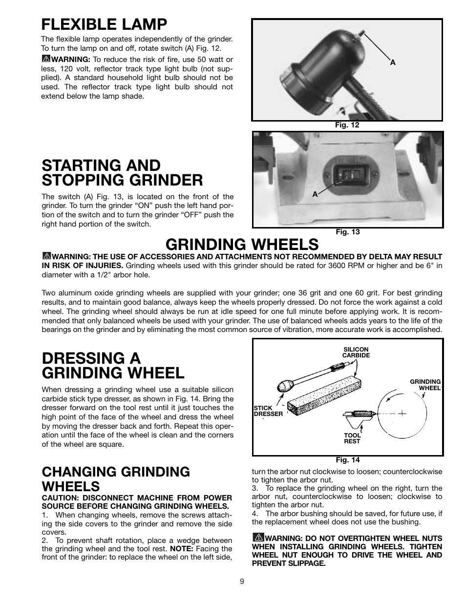 Flexible lamp, Starting and stopping grinder, Grinding wheels | Dressing a grinding wheel, Changing grinding wheels | Delta 23-665 User Manual | Page 9 / 10