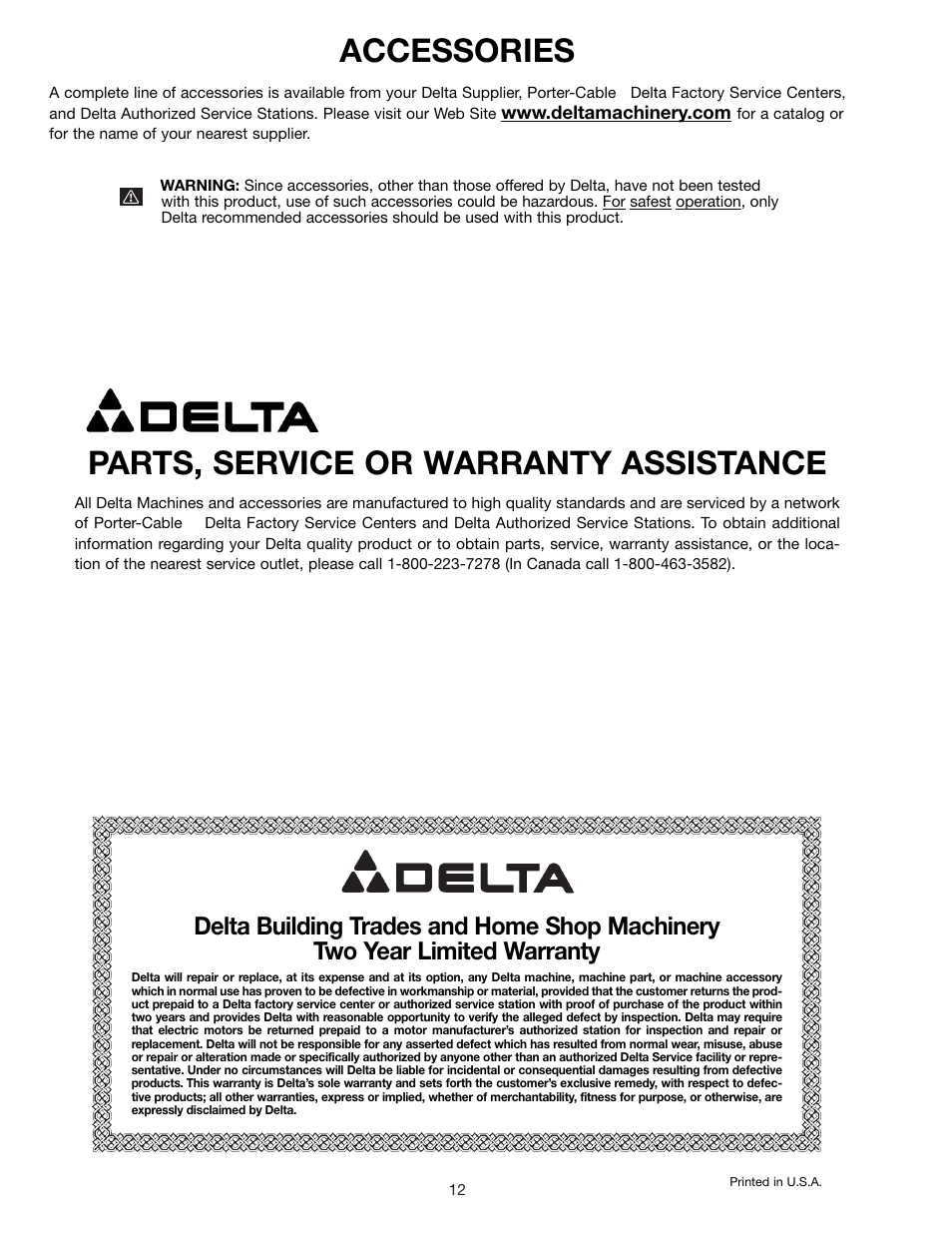 Parts, service or warranty assistance, Accessories | Delta 23-840 User Manual | Page 12 / 12