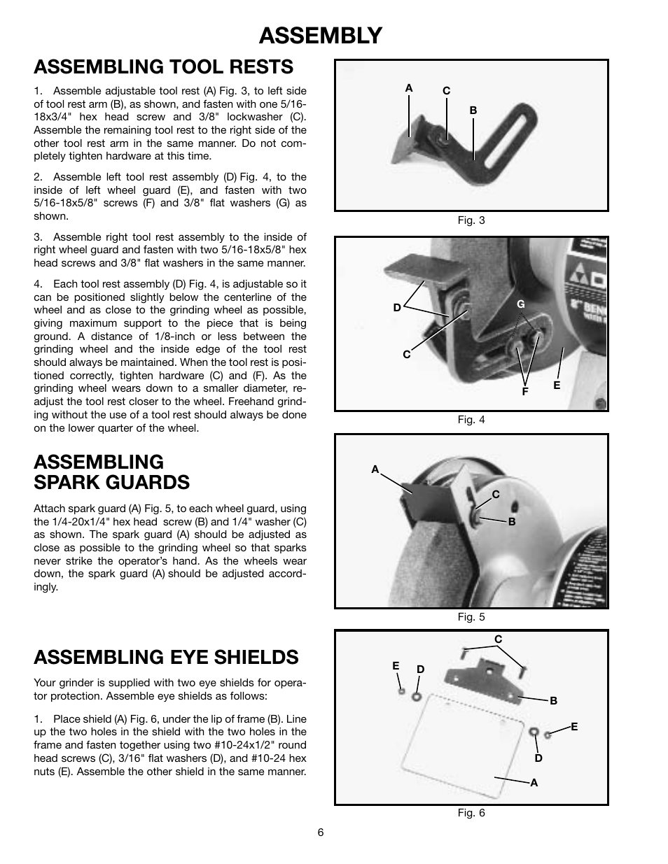 Assembly, Assembling tool rests, Assembling spark guards | Assembling eye shields | Delta 23-840 User Manual | Page 6 / 12