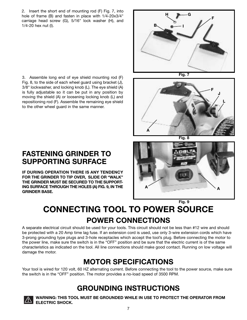 Connecting tool to power source, Fastening grinder to supporting surface, Power connections | Motor specifications, Grounding instructions | Delta 23-840 User Manual | Page 7 / 12