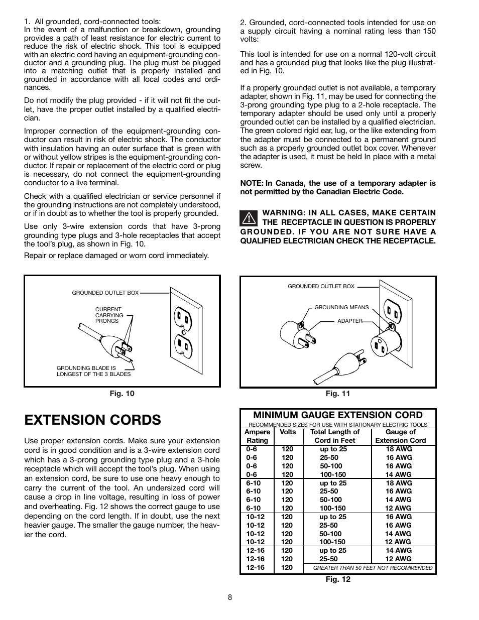 Extension cords, Minimum gauge extension cord | Delta 23-840 User Manual | Page 8 / 12