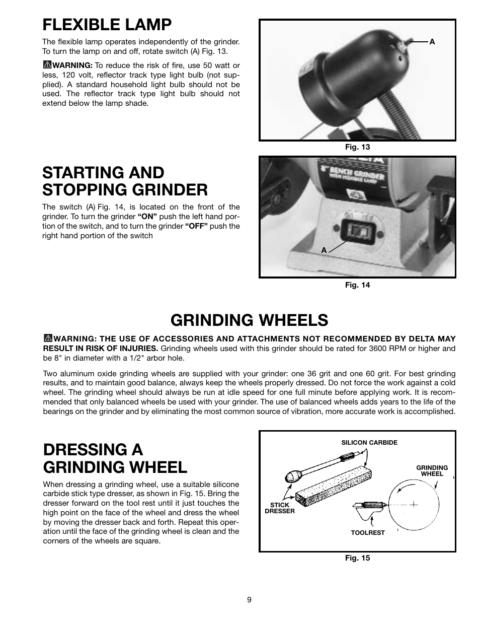 Flexible lamp, Starting and stopping grinder, Grinding wheels | Dressing a grinding wheel | Delta 23-840 User Manual | Page 9 / 12