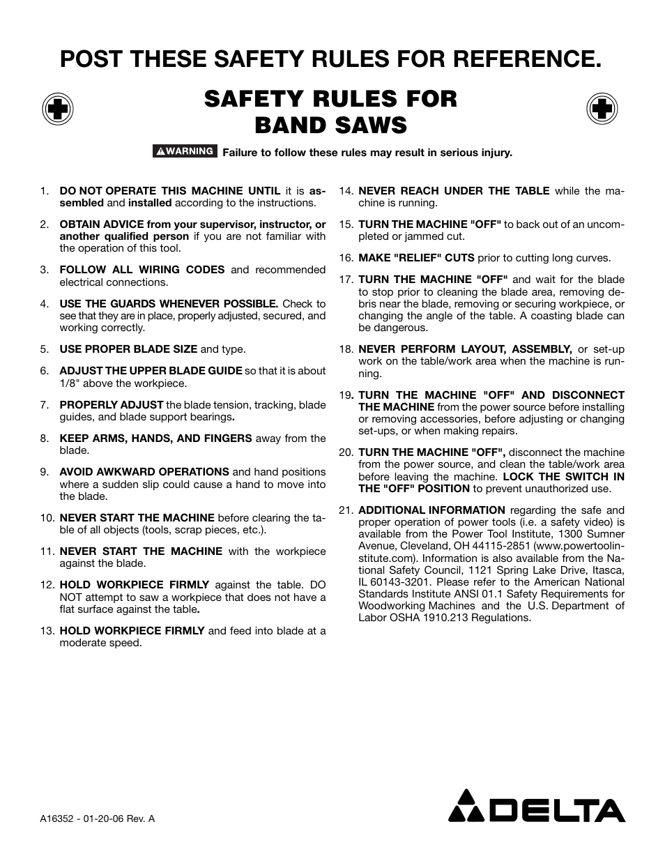 Delta Band Saws User Manual | 1 page