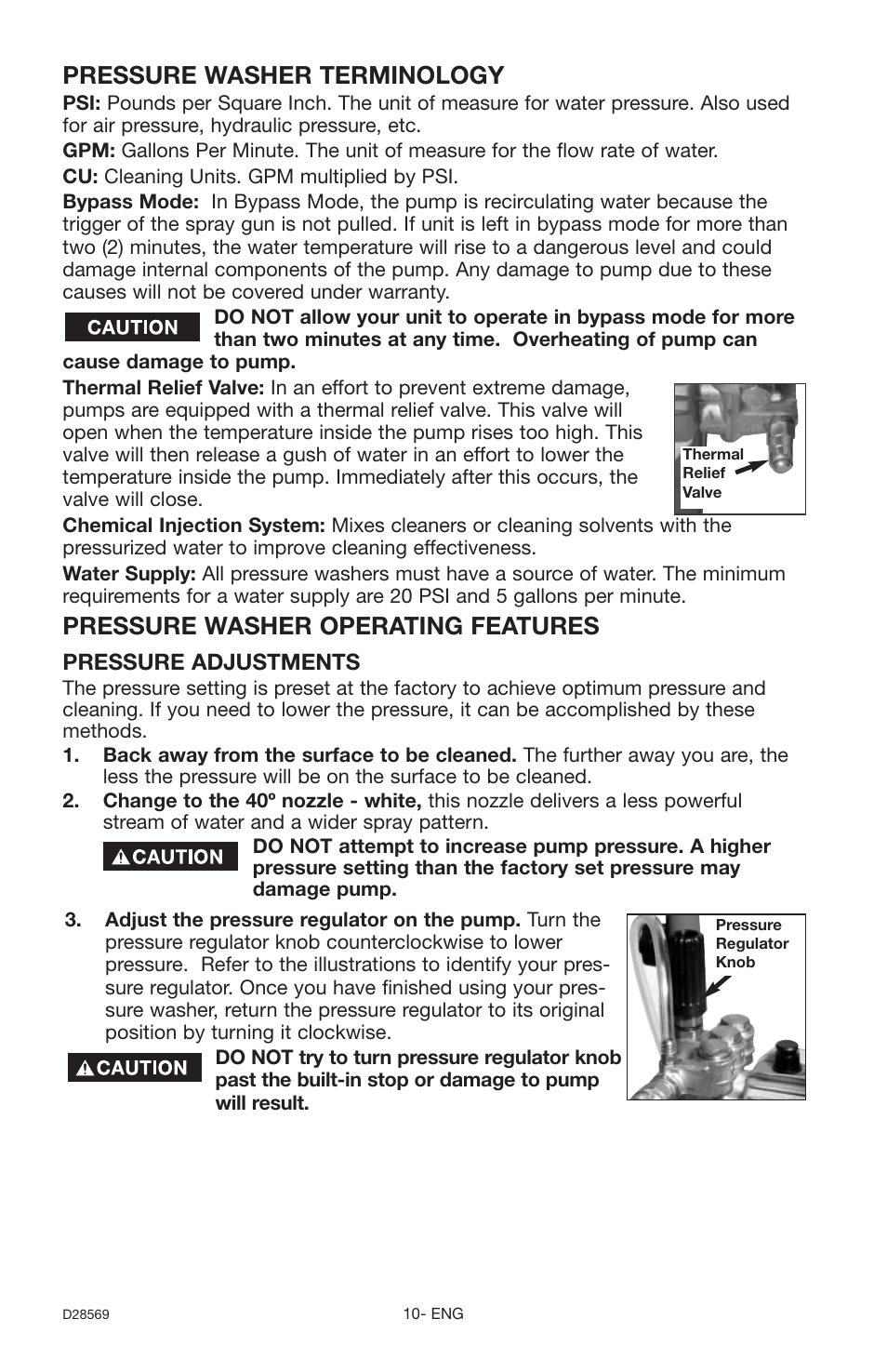 Pressure washer terminology, Pressure washer operating features, Pressure adjustments | Delta D28569 User Manual | Page 10 / 60