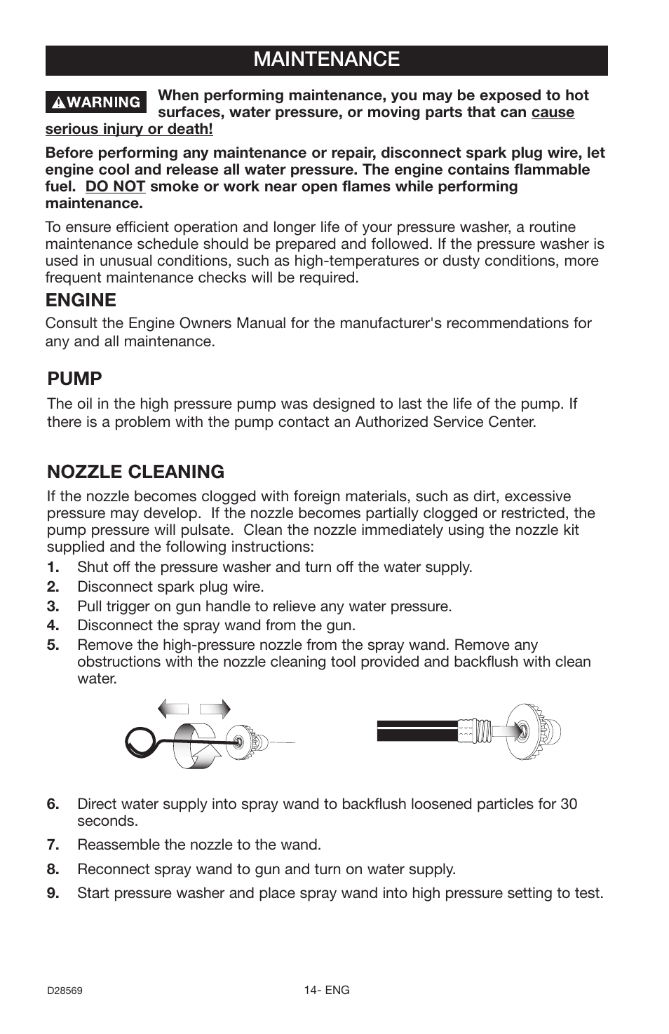 Maintenance, Engine, Nozzle cleaning | Pump | Delta D28569 User Manual | Page 14 / 60