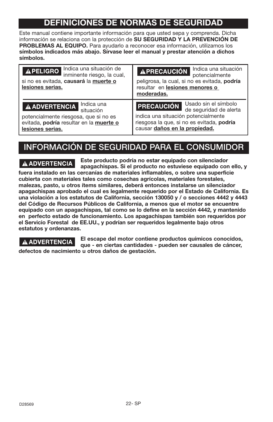 Información de seguridad para el consumidor, Definiciones de normas de seguridad | Delta D28569 User Manual | Page 22 / 60