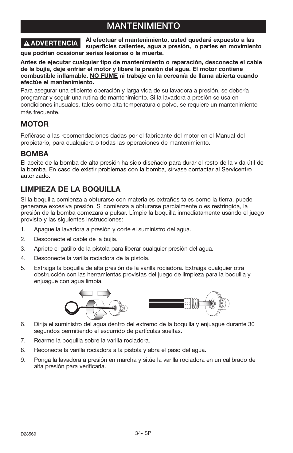 Mantenimiento, Limpieza de la boquilla, Motor | Bomba | Delta D28569 User Manual | Page 34 / 60