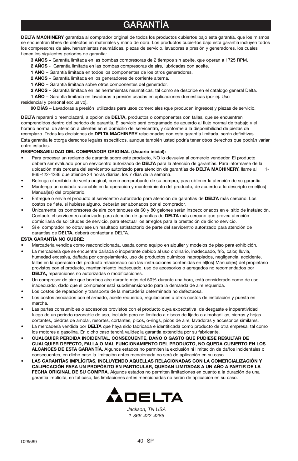 Garantía | Delta D28569 User Manual | Page 40 / 60