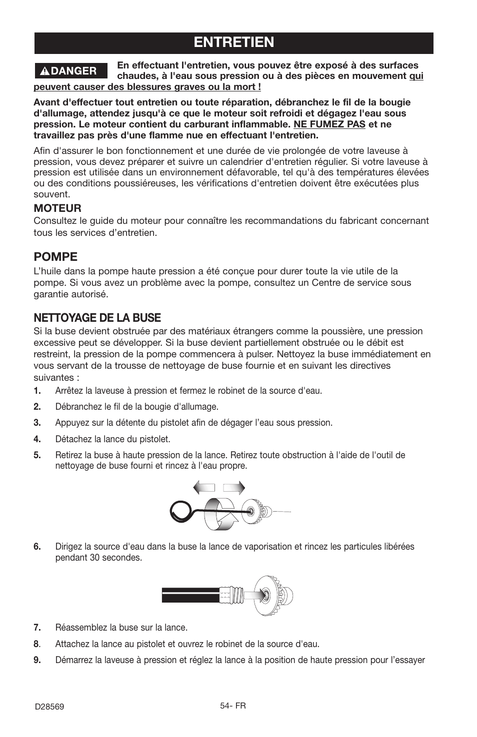 Entretien, Nettoyage de la buse, Pompe | Delta D28569 User Manual | Page 54 / 60