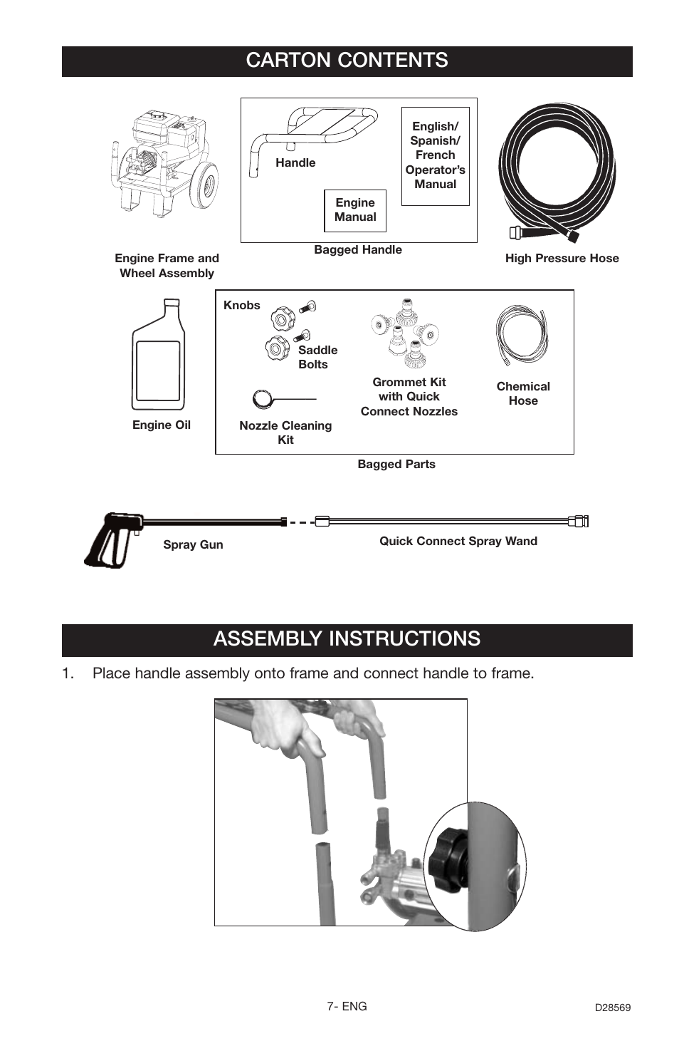 Carton contents, Assembly instructions | Delta D28569 User Manual | Page 7 / 60