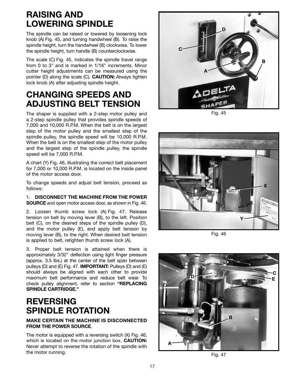 Raising and lowering spindle, Changing speeds and adjusting belt tension, Reversing spindle rotation | Delta 43-424 User Manual | Page 17 / 27