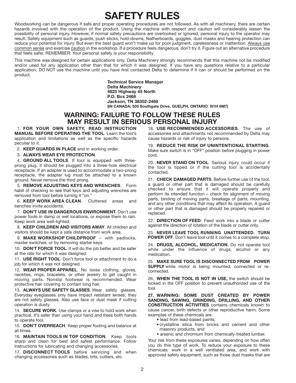 Safety rules | Delta 43-424 User Manual | Page 2 / 27