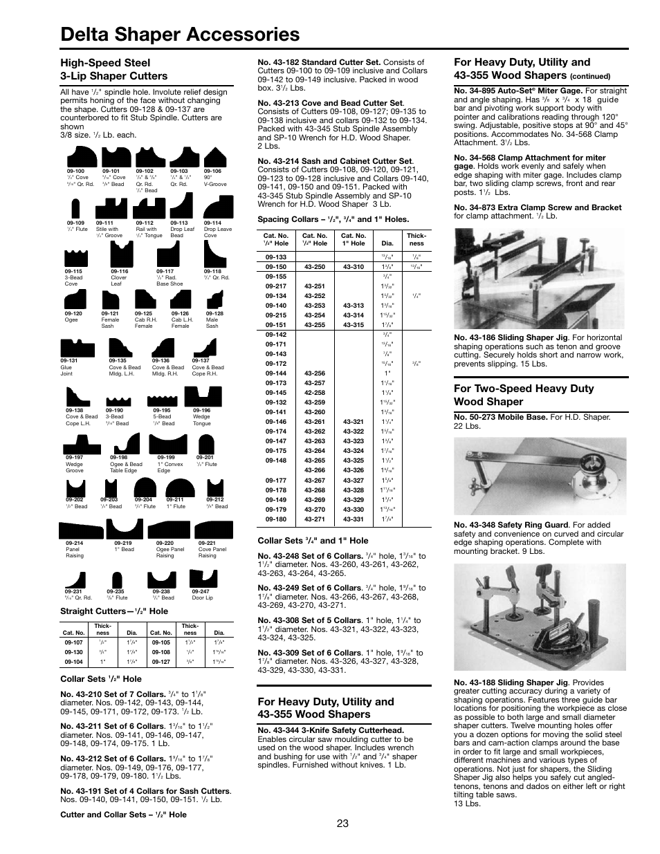 Delta shaper accessories, For two-speed heavy duty wood shaper, High-speed steel 3-lip shaper cutters | Collar sets, Hole, Straight cutters, And 1" hole, Miter gage. for straight and angle shaping. has, All have, Lb. each | Delta 43-424 User Manual | Page 23 / 27