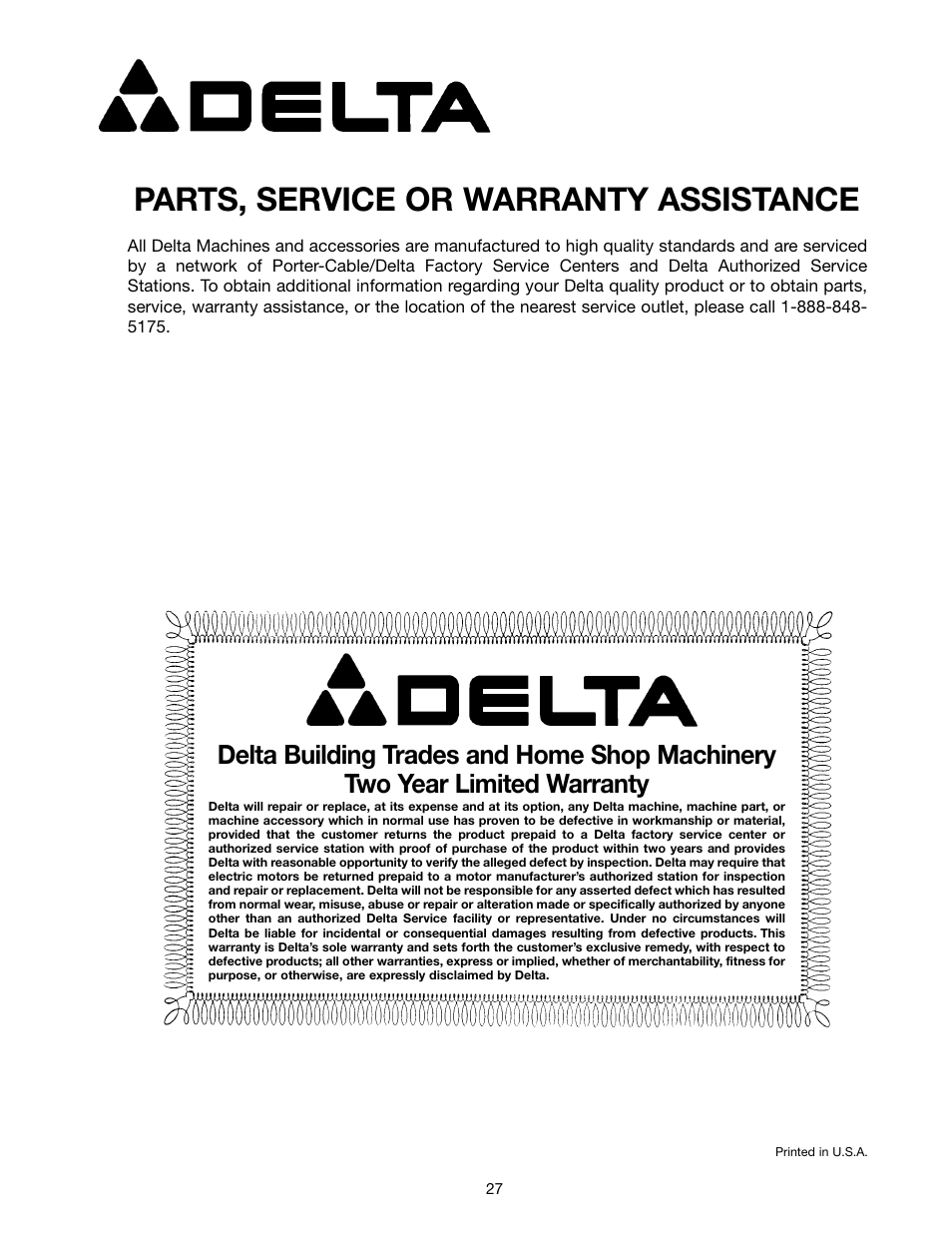 Parts, service or warranty assistance | Delta 43-424 User Manual | Page 27 / 27