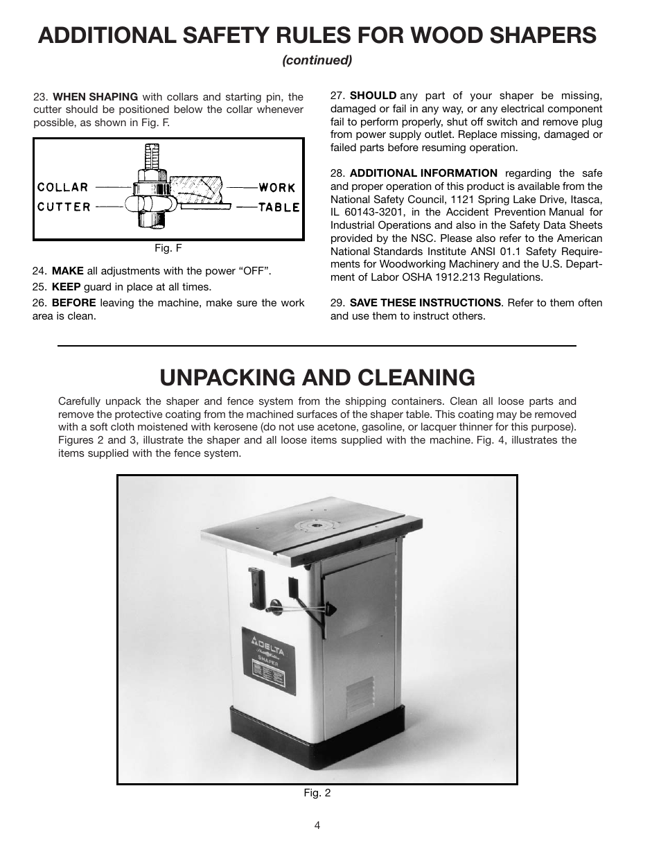 Unpacking and cleaning, Additional safety rules for wood shapers | Delta 43-424 User Manual | Page 4 / 27