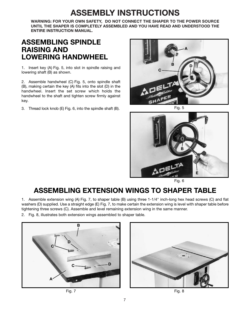 Assembly instructions, Assembling spindle raising and lowering handwheel, Assembling extension wings to shaper table | Delta 43-424 User Manual | Page 7 / 27