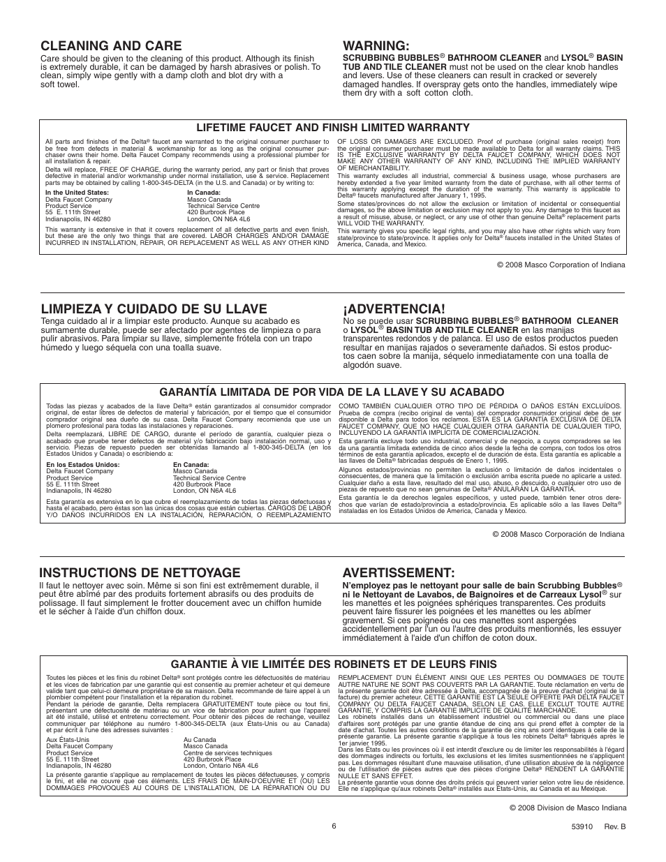 Cleaning and care, Warning, Instructions de nettoyage | Avertissement, Limpieza y cuidado de su llave, Advertencia, Lifetime faucet and finish limited warranty | Delta 2583 Series User Manual | Page 6 / 6