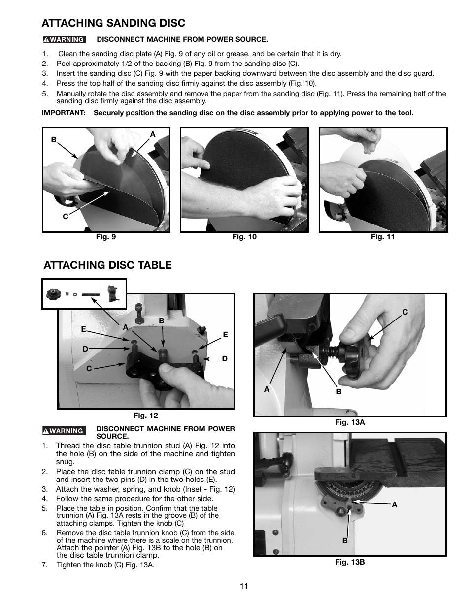 Attaching disc table, Attaching sanding disc | Delta (Model 31-300) User Manual | Page 11 / 24