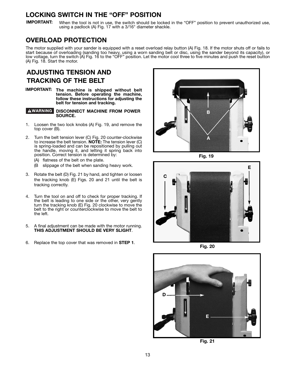 Adjusting tension and tracking of the belt, Overload protection, Locking switch in the “off” position | Delta (Model 31-300) User Manual | Page 13 / 24