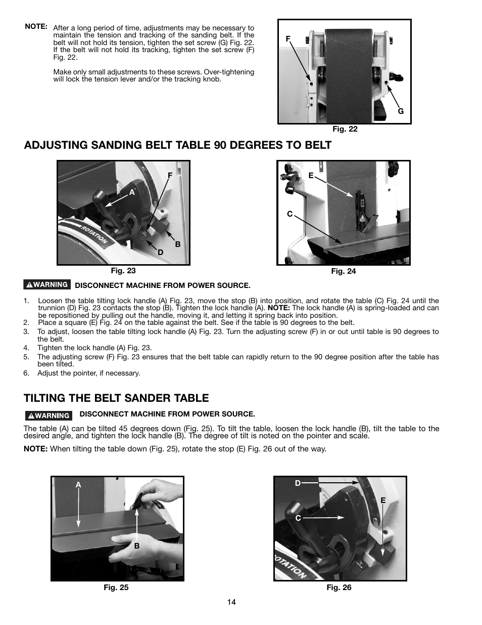 Adjusting sanding belt table 90 degrees to belt, Tilting the belt sander table | Delta (Model 31-300) User Manual | Page 14 / 24