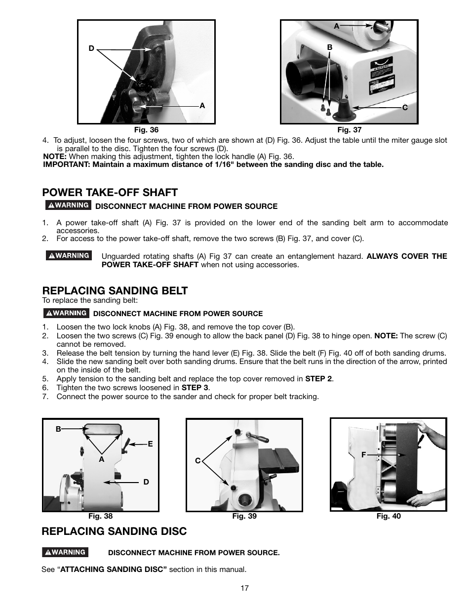 Replacing sanding belt, Replacing sanding disc, Power take-off shaft | Delta (Model 31-300) User Manual | Page 17 / 24