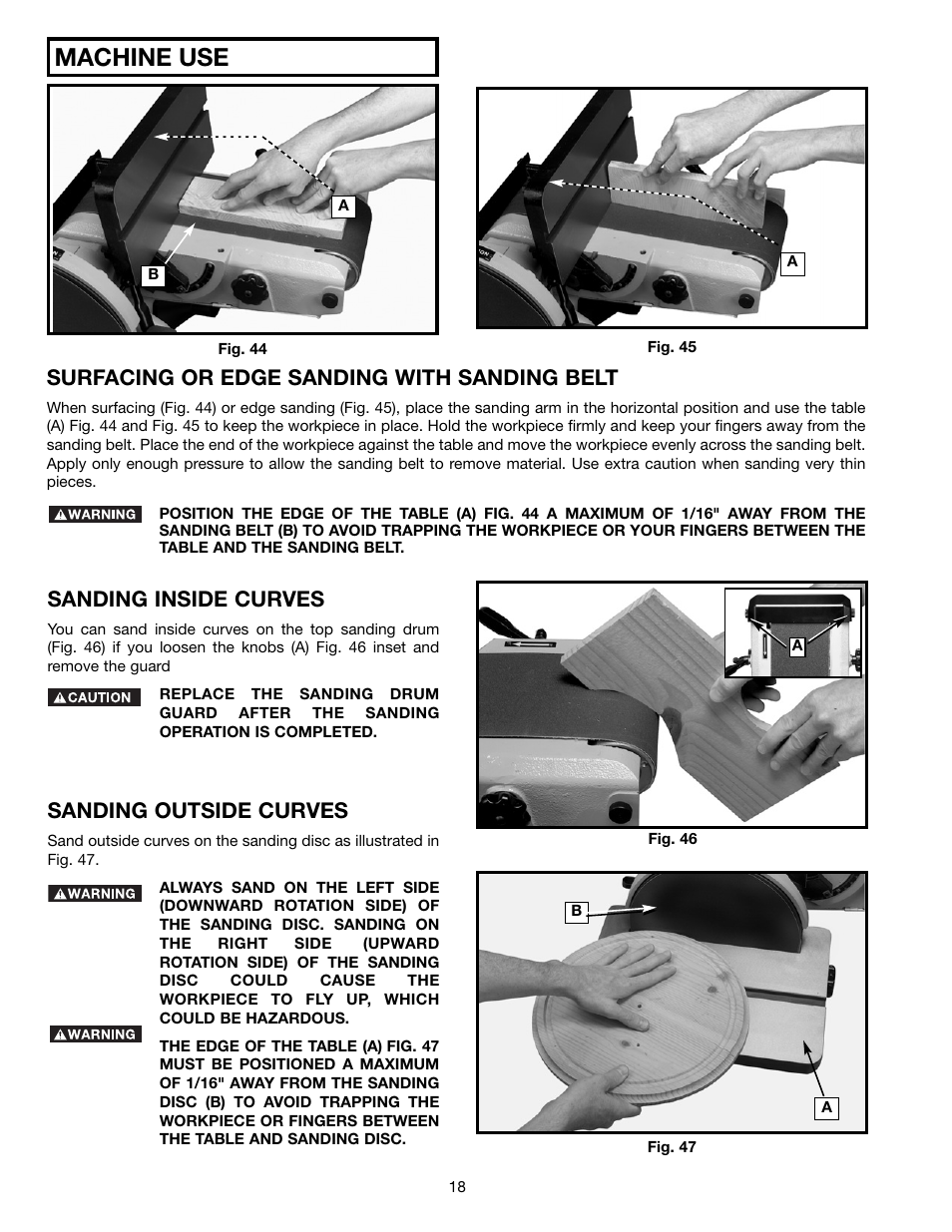 Machine use, Surfacing or edge sanding with sanding belt, Sanding inside curves | Sanding outside curves | Delta (Model 31-300) User Manual | Page 18 / 24