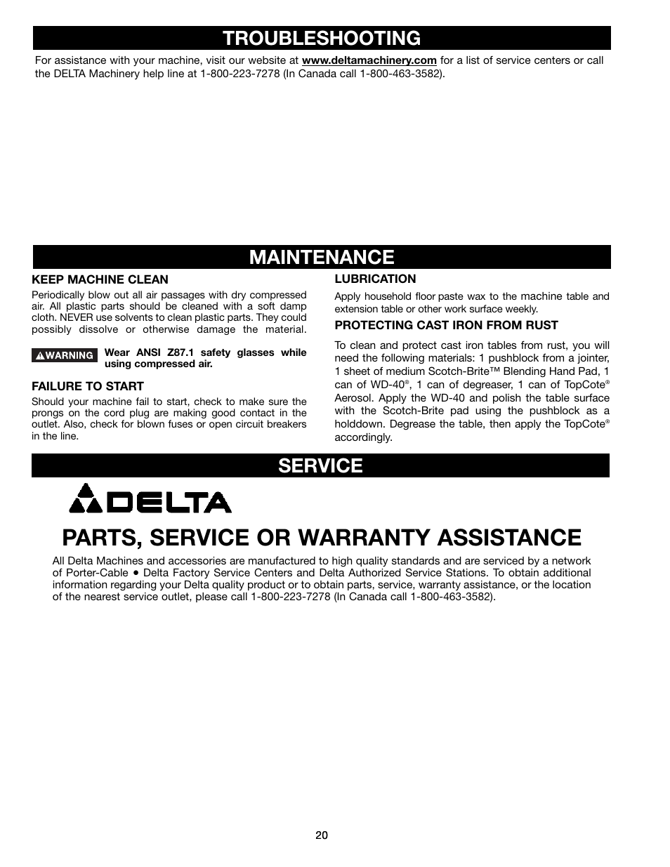 Parts, service or warranty assistance, Troubleshooting, Maintenance | Service | Delta (Model 31-300) User Manual | Page 20 / 24