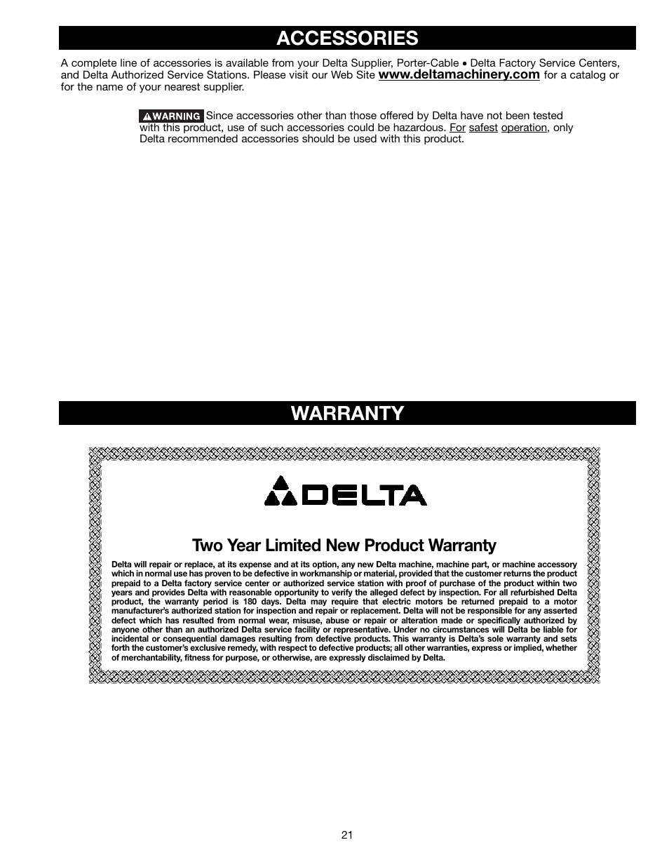 Accessories, Warranty, Two year limited new product warranty | Delta (Model 31-300) User Manual | Page 21 / 24