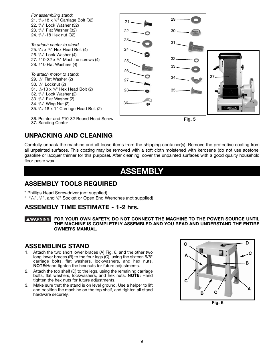 Assembly, Unpacking and cleaning, Assembly tools required | Assembly time estimate - 1-2 hrs, Assembling stand | Delta (Model 31-300) User Manual | Page 9 / 24