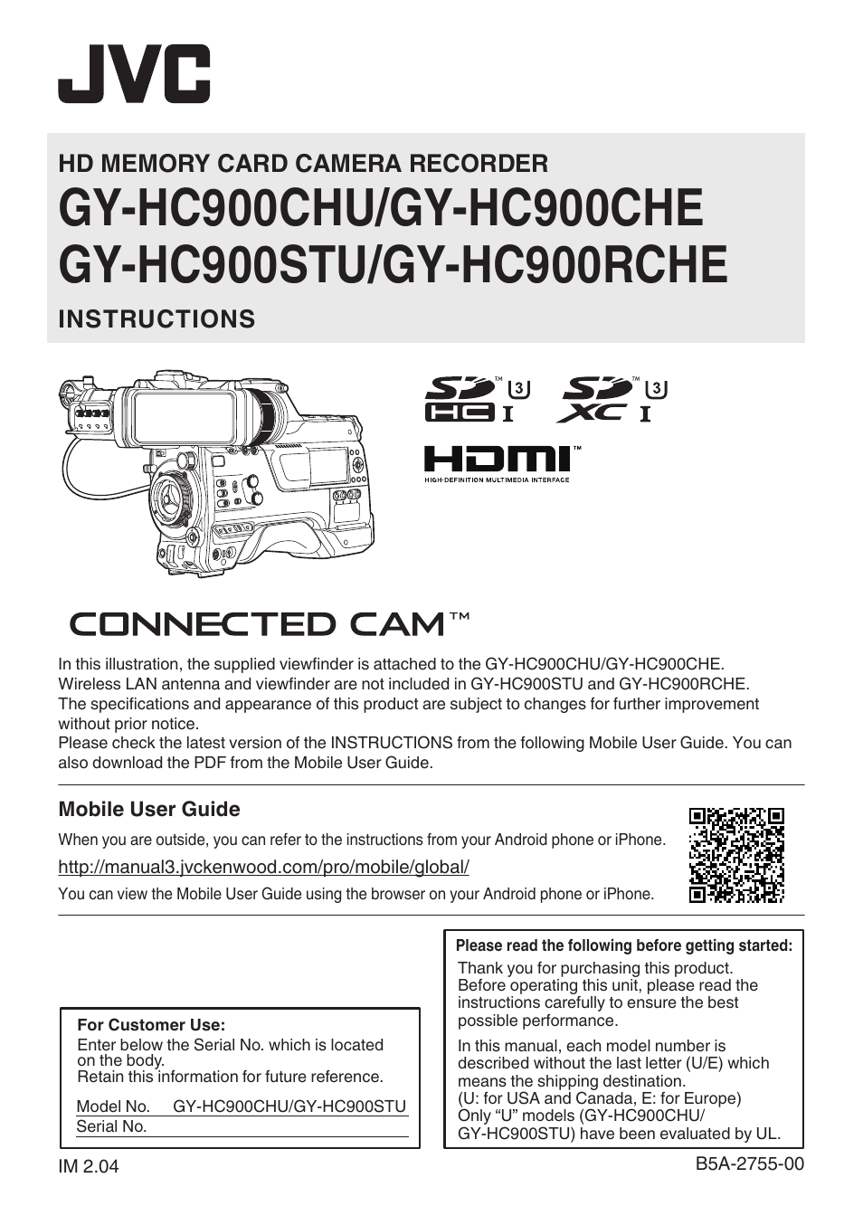 JVC GY-HC900STU 2/3" HD Connected Cam Studio Camcorder (Body Only) User Manual | 236 pages