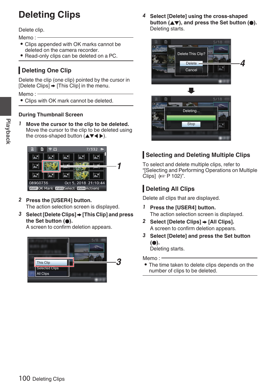 Deleting clips | JVC GY-HC900STU 2/3" HD Connected Cam Studio Camcorder (Body Only) User Manual | Page 100 / 236