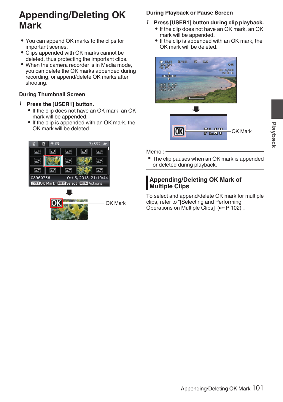 Appending/deleting ok mark | JVC GY-HC900STU 2/3" HD Connected Cam Studio Camcorder (Body Only) User Manual | Page 101 / 236