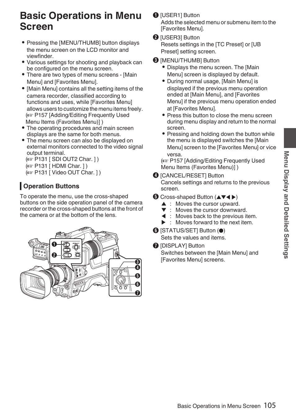 Menu display and detailed settings, Basic operations in menu screen, P105 [basic operations in menu screen] ) | P 105) | JVC GY-HC900STU 2/3" HD Connected Cam Studio Camcorder (Body Only) User Manual | Page 105 / 236