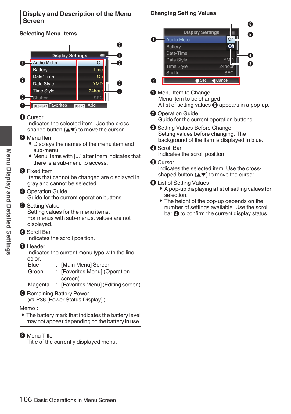 Display and description of the menu screen, P106 [display and description of the menu, Screen] ) | JVC GY-HC900STU 2/3" HD Connected Cam Studio Camcorder (Body Only) User Manual | Page 106 / 236