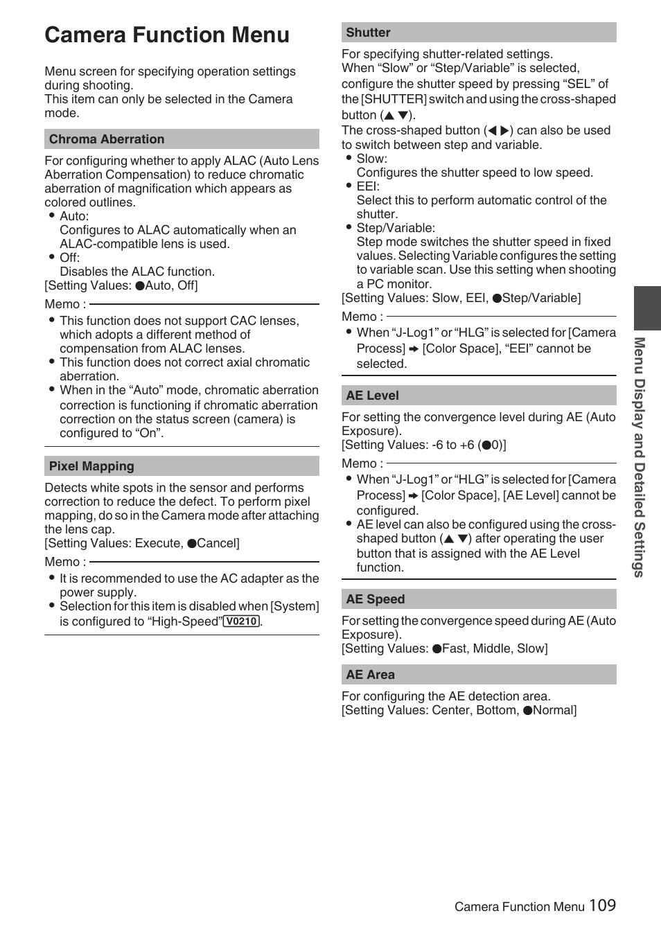 Camera function menu, P109 [ ae speed ] ), P109 [ shutter ] ) | P 109) | JVC GY-HC900STU 2/3" HD Connected Cam Studio Camcorder (Body Only) User Manual | Page 109 / 236