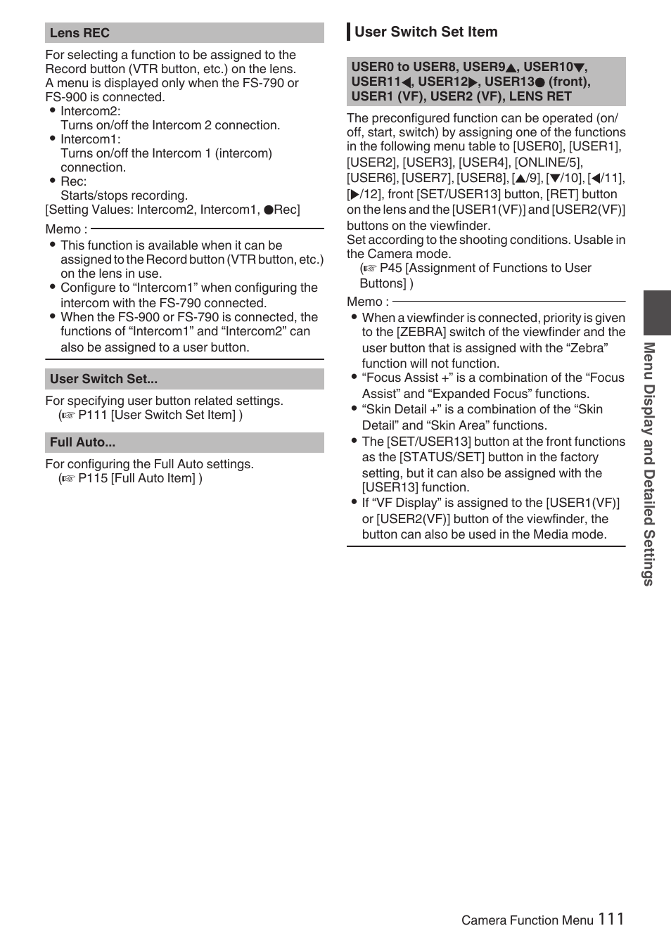 User switch set item, P111 [user switch set item] ), P 111) | JVC GY-HC900STU 2/3" HD Connected Cam Studio Camcorder (Body Only) User Manual | Page 111 / 236
