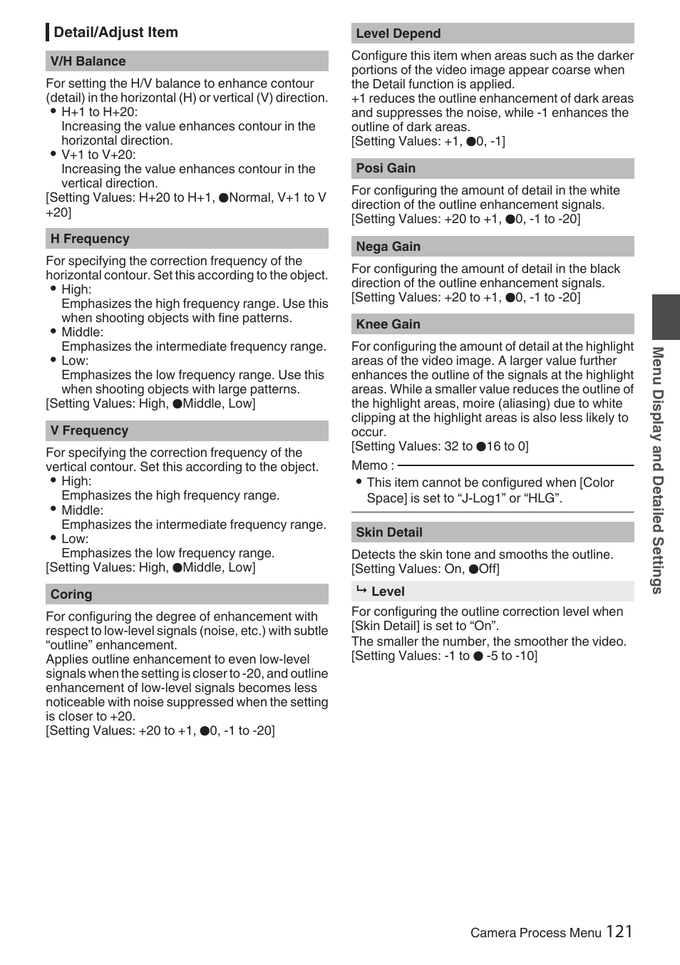 Detail/adjust item, P121 [detail/adjust item] ) | JVC GY-HC900STU 2/3" HD Connected Cam Studio Camcorder (Body Only) User Manual | Page 121 / 236