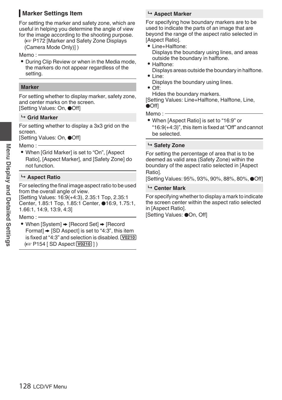 Marker settings item, P128 [marker settings item] ) | JVC GY-HC900STU 2/3" HD Connected Cam Studio Camcorder (Body Only) User Manual | Page 128 / 236