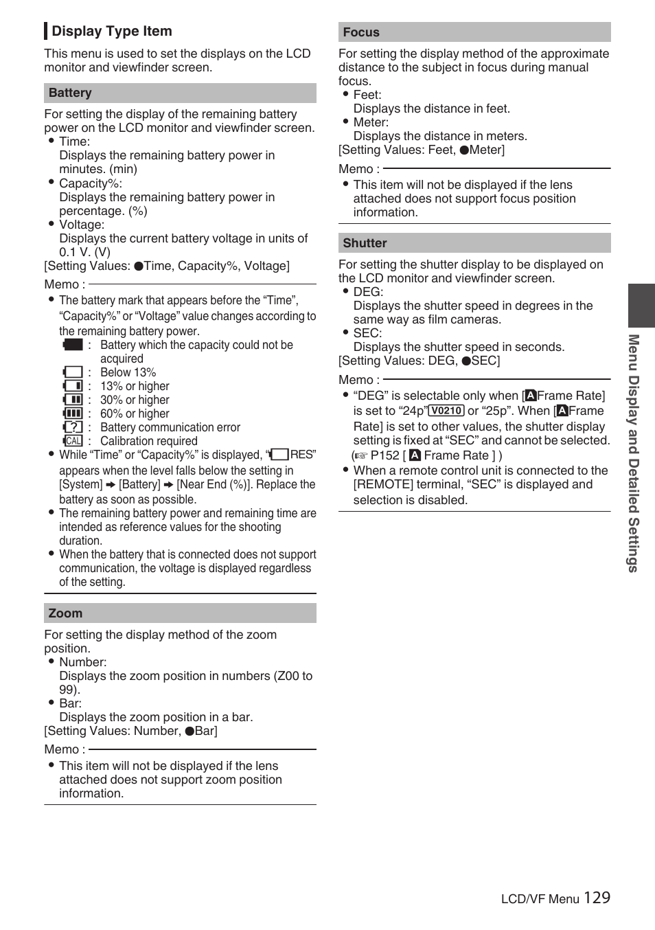 Display type item, P129 [ battery ] ), P129 [display type item] ) | JVC GY-HC900STU 2/3" HD Connected Cam Studio Camcorder (Body Only) User Manual | Page 129 / 236