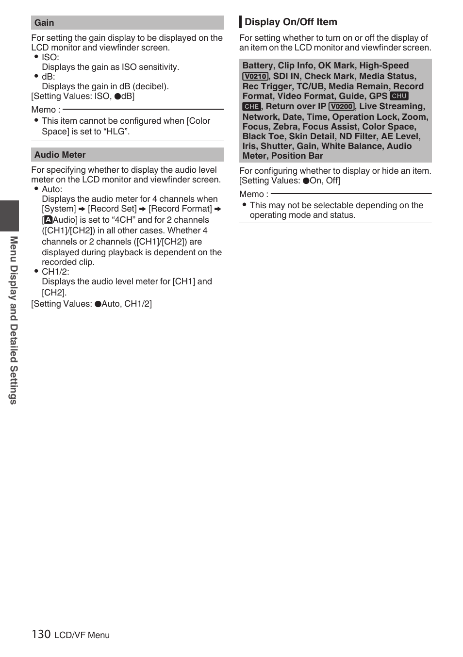 Display on/off item, P130 [display on/off item] ) | JVC GY-HC900STU 2/3" HD Connected Cam Studio Camcorder (Body Only) User Manual | Page 130 / 236