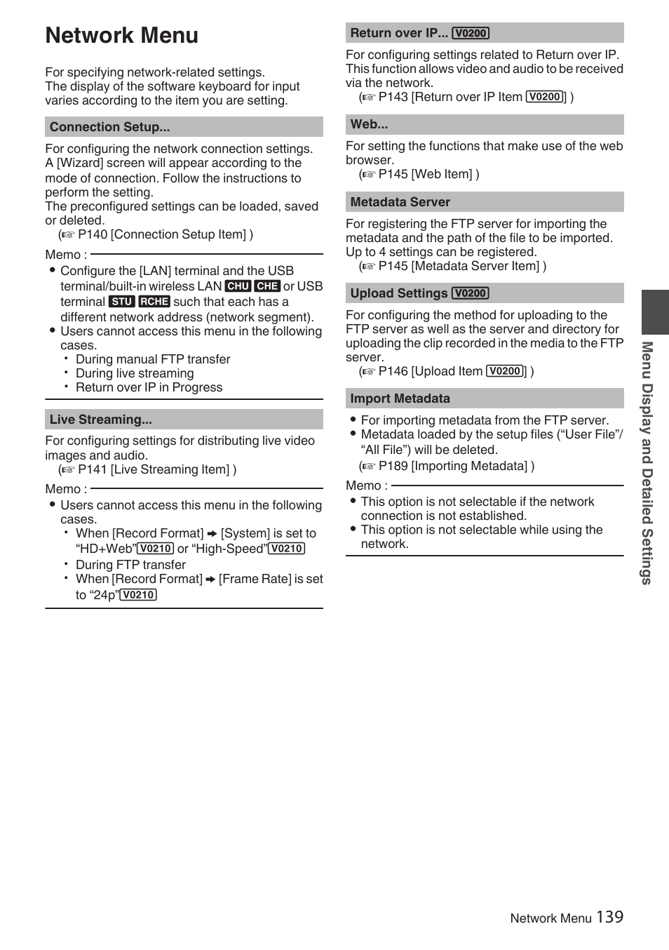 Network menu, P139 [network menu] ), P 139) | JVC GY-HC900STU 2/3" HD Connected Cam Studio Camcorder (Body Only) User Manual | Page 139 / 236