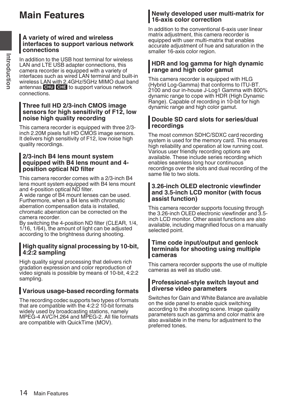 Main features | JVC GY-HC900STU 2/3" HD Connected Cam Studio Camcorder (Body Only) User Manual | Page 14 / 236