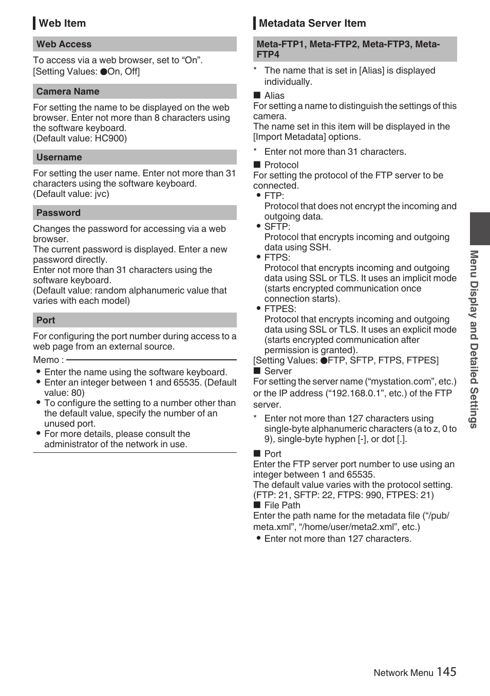 Web item, Metadata server item, P145 [web item] ) | P145 [metadata server item] ) | JVC GY-HC900STU 2/3" HD Connected Cam Studio Camcorder (Body Only) User Manual | Page 145 / 236