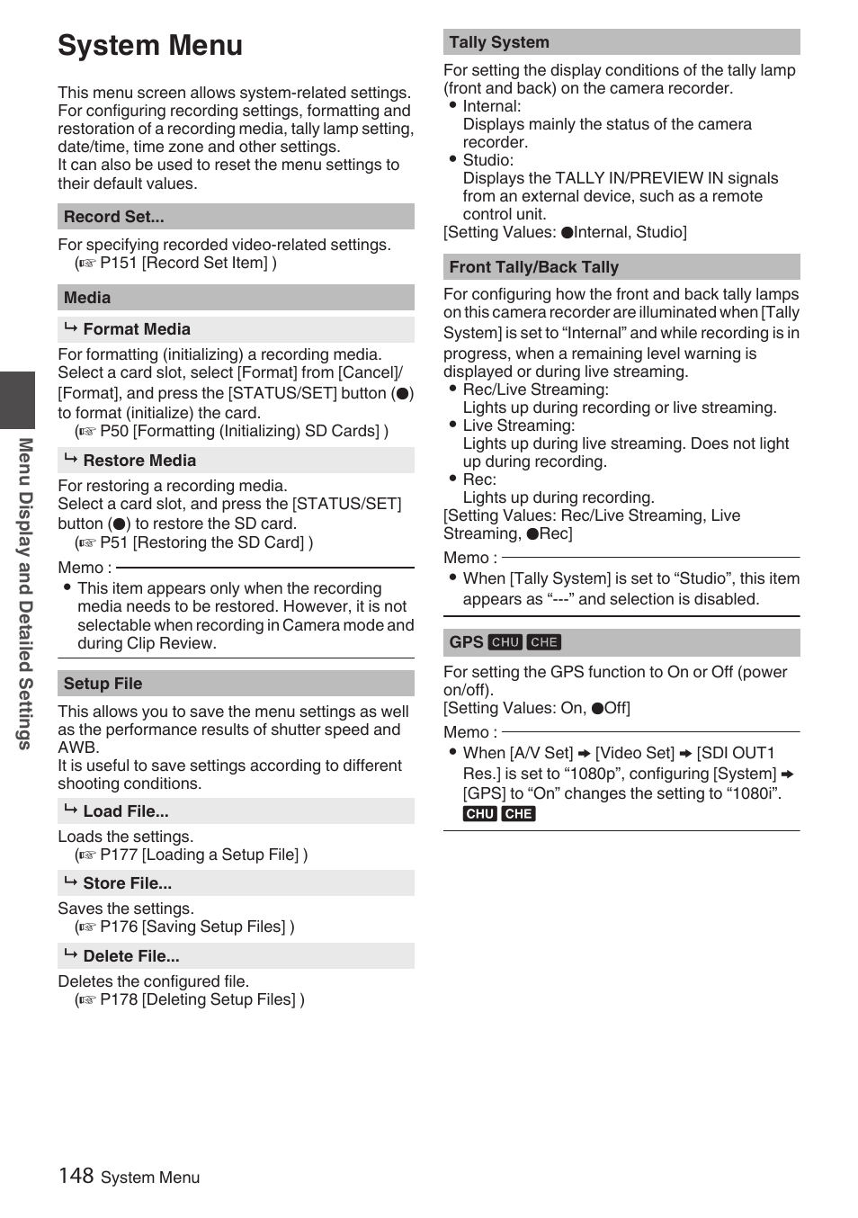 System menu, P148 [ tally system ] ), P148 [front tally/back tally] ) | P148 [ format media ] ), P 148) | JVC GY-HC900STU 2/3" HD Connected Cam Studio Camcorder (Body Only) User Manual | Page 148 / 236