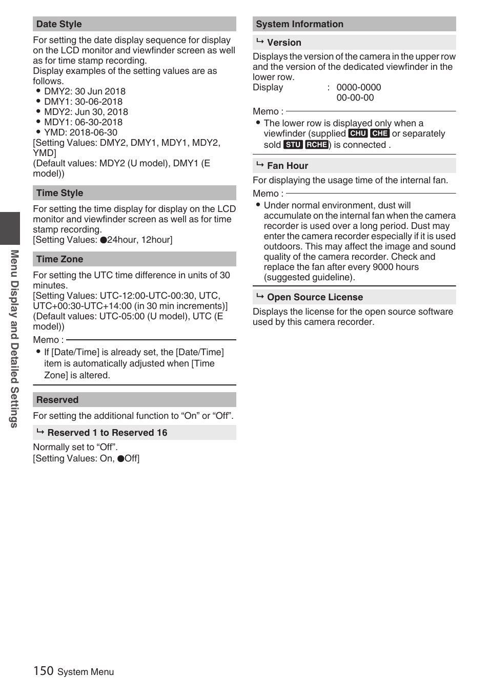 P150 [ date style ] ), P150 [ time style ] ), P 150) | P150 [ time zone ] ) | JVC GY-HC900STU 2/3" HD Connected Cam Studio Camcorder (Body Only) User Manual | Page 150 / 236