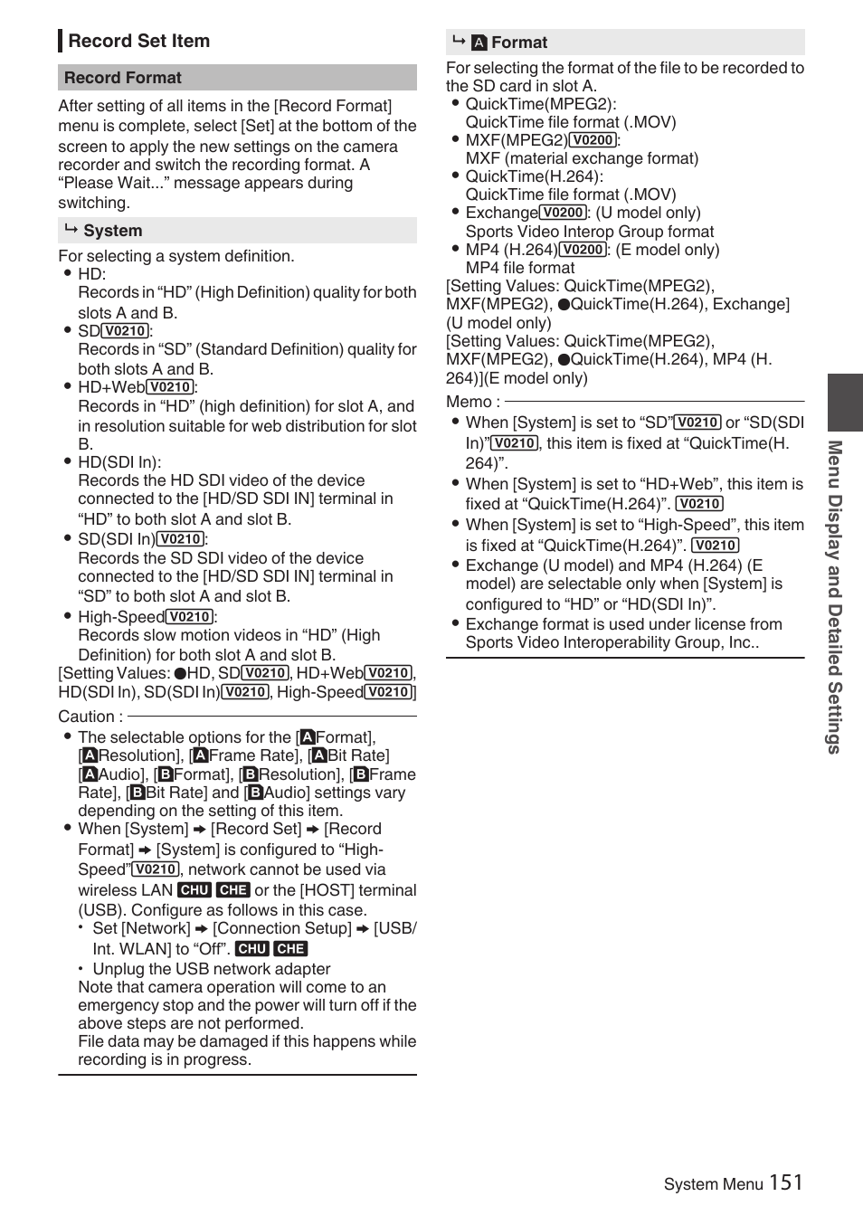 Record set item, P151 [ system ] ), P151 | Format ] ), P151 [record set item] ) | JVC GY-HC900STU 2/3" HD Connected Cam Studio Camcorder (Body Only) User Manual | Page 151 / 236