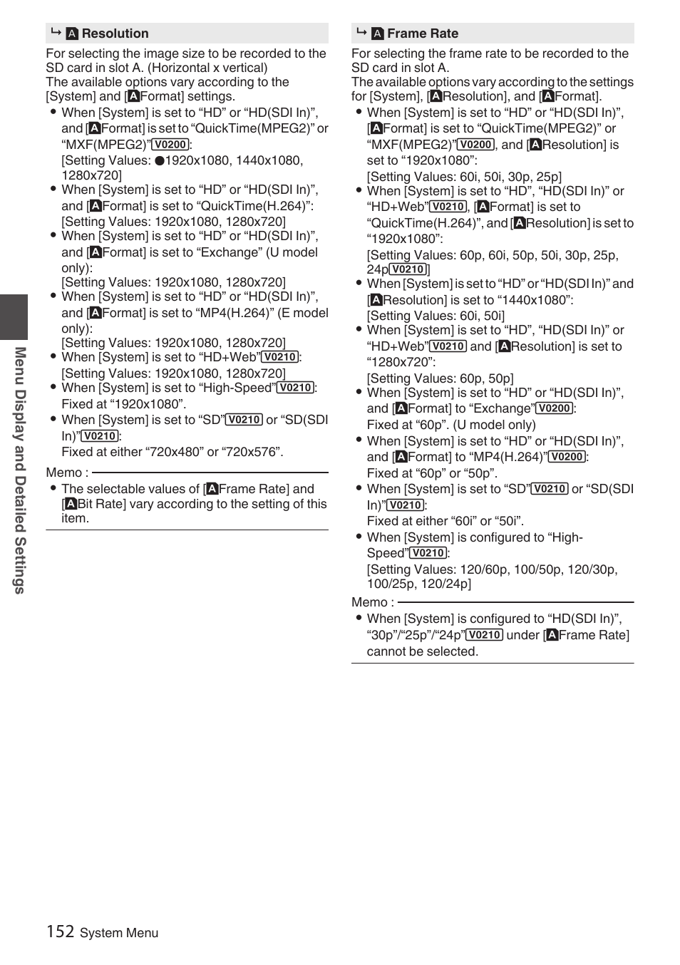 P152, Resolution ] ), Frame rate ] ) | JVC GY-HC900STU 2/3" HD Connected Cam Studio Camcorder (Body Only) User Manual | Page 152 / 236