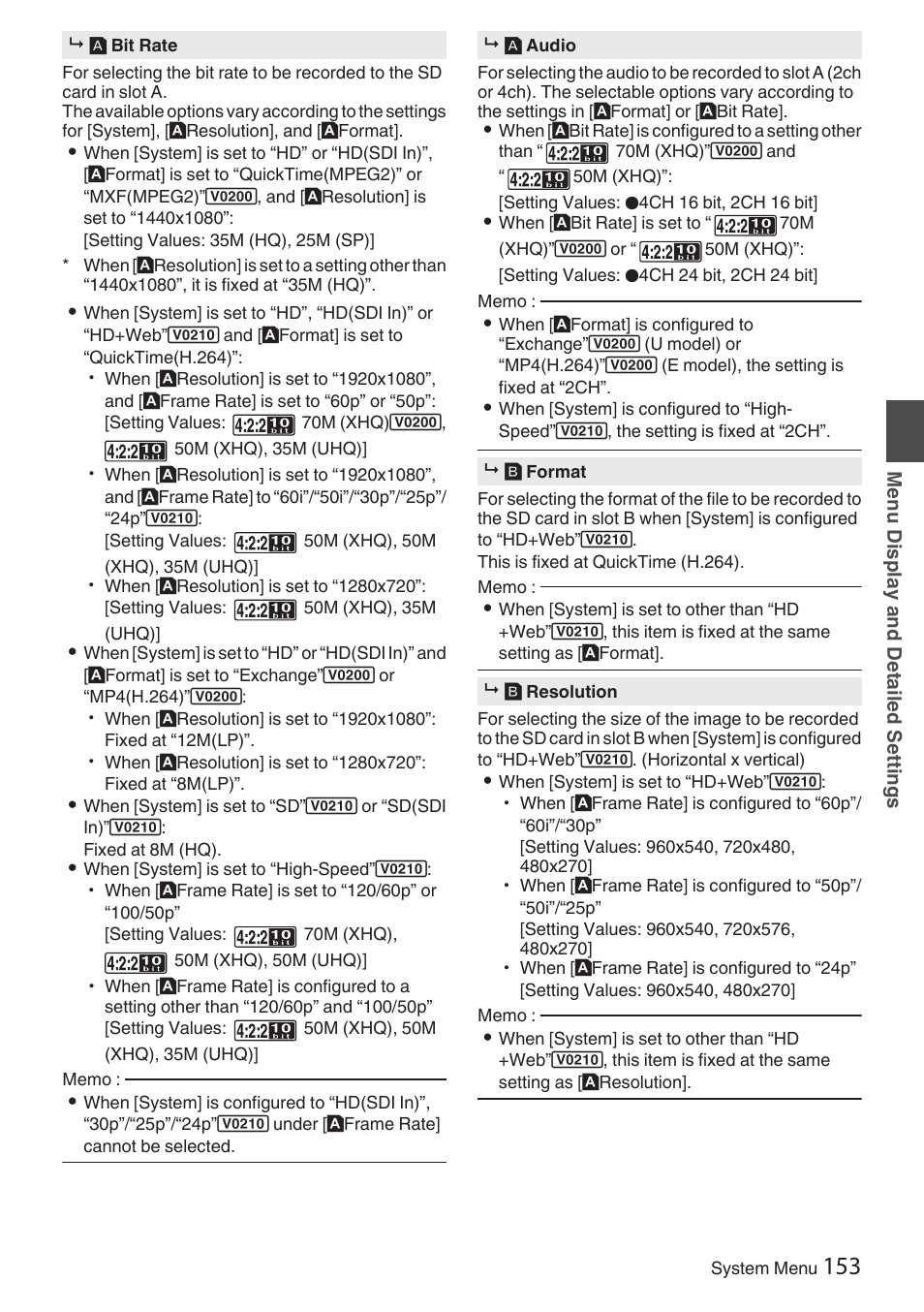 P153, Bit rate ] ), Resolution ] ) | JVC GY-HC900STU 2/3" HD Connected Cam Studio Camcorder (Body Only) User Manual | Page 153 / 236