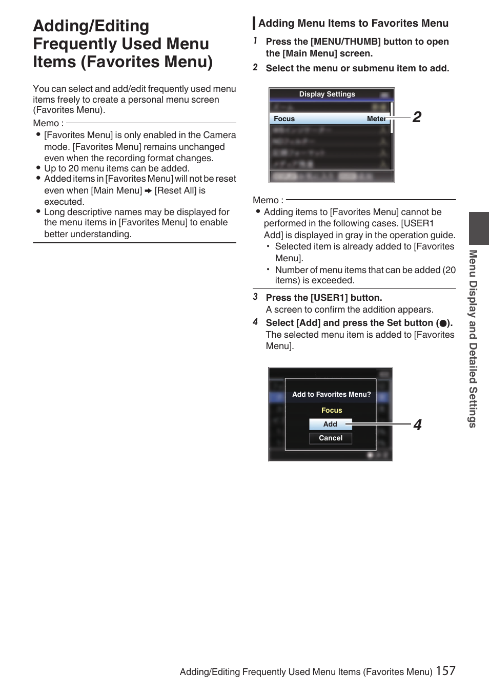 Adding menu items to favorites menu, Adding/editing frequently used menu items, Favorites menu) | P157 [adding/editing frequently used, Menu items (favorites menu)] ) | JVC GY-HC900STU 2/3" HD Connected Cam Studio Camcorder (Body Only) User Manual | Page 157 / 236